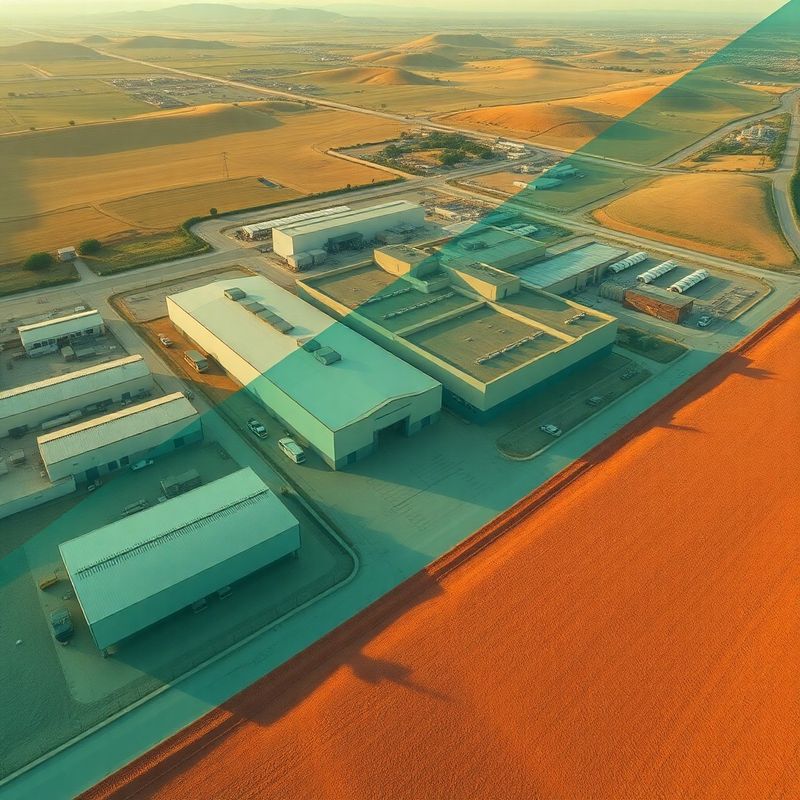 Vista panoramica del paesaggio produttivo dell'Italia centrale con toni teal e crema